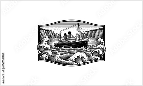 Ocean Liner Navigating: A majestic ocean liner, elegantly illustrated amidst crashing waves and rugged cliffs, conveys a sense of nautical grandeur, exploration, and the enduring allure of the sea.