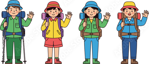 Cute Cartoon Hikers Illustration Set Featuring Boys and Girls with Backpacks and Hats Representing Outdoor Adventure, Camping, Travel, and Kids Exploration Design