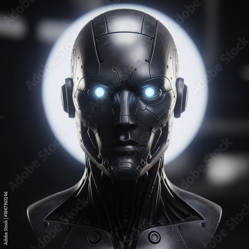 Striking Metallic Android Bust with Luminous Blue Eyes Against a High-Tech Blurred Background