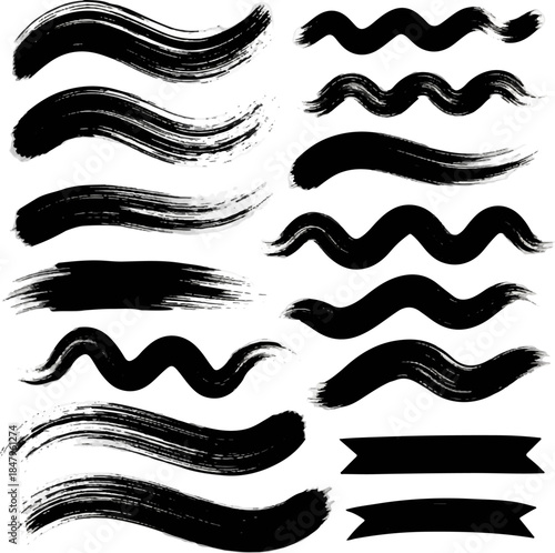 Various black brush strokes and ribbons are displayed, showcasing different styles and patterns ideal for enhancing artistic designs in digital and print media.