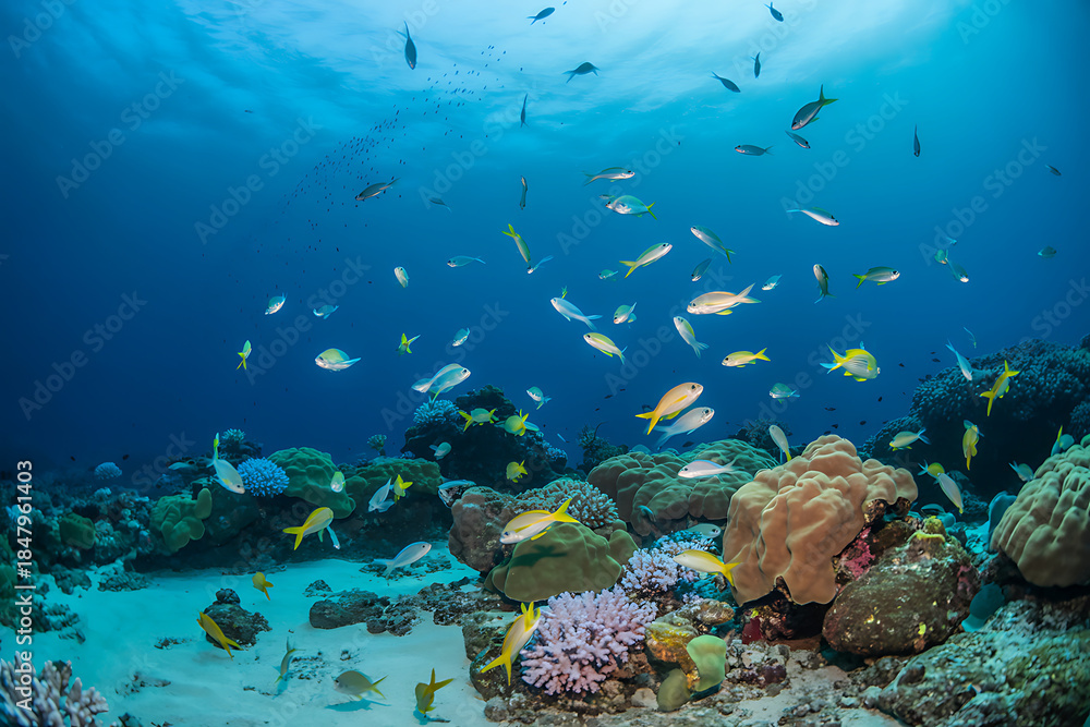 Fototapeta premium Vibrant School of Tropical Fish Swimming Among Colorful Coral Reefs in Clear Blue Ocean Water - Underwater Wildlife Scene