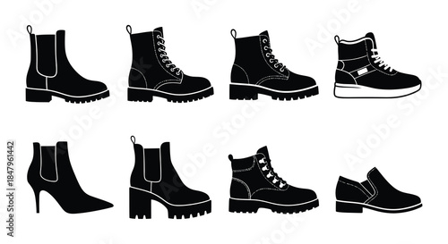 A collection of diverse black and white boot silhouettes displayed in a grid