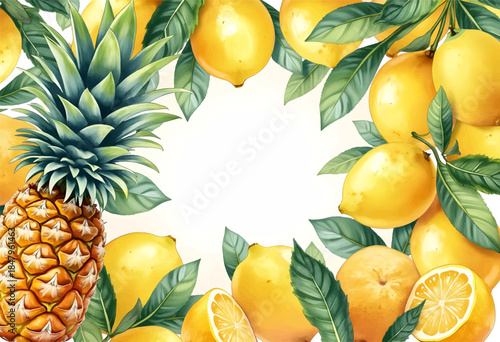 A colorful display features ripe lemons and a pineapple surrounded by lush green leaves, creating a refreshing and inviting composition perfect for summer themes.
