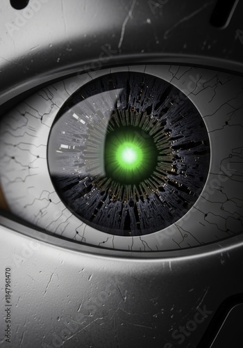 Futuristic Bionic Eye with Glowing Green Pupil and Intricate Cybernetic Details