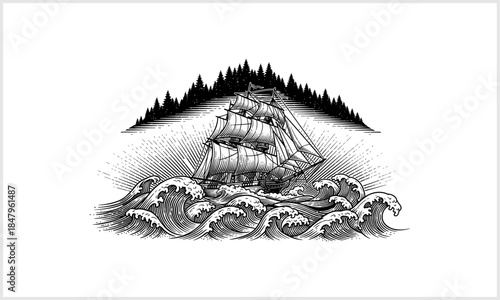 Voyage on the Tempestuous Sea: A majestic galleon battles ferocious waves beneath a shadowed islet, representing the untamed spirit of exploration and nautical adventure.