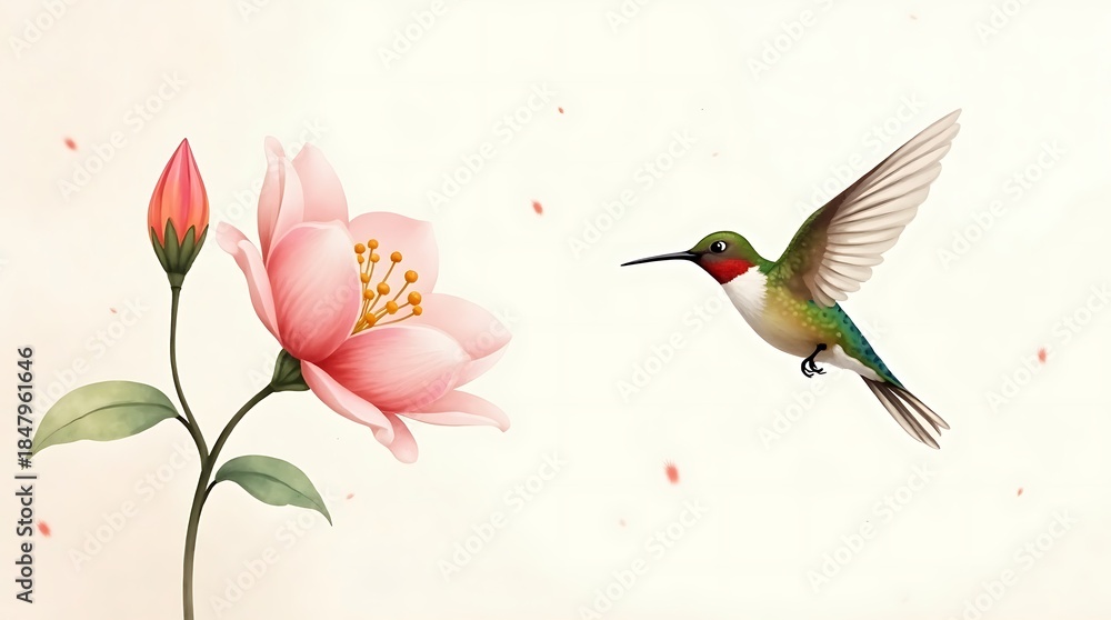 Naklejka premium Translucent Grace: A minimalist and ethereal watercolor study of a hummingbird with delicate brushwork and artistic transparency.