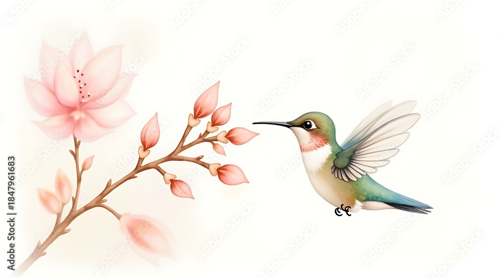 Naklejka premium Soft Bloom Melody: A vibrant yet gentle watercolor art piece showcasing a hummingbird and a blossoming flower in a dreamy style.