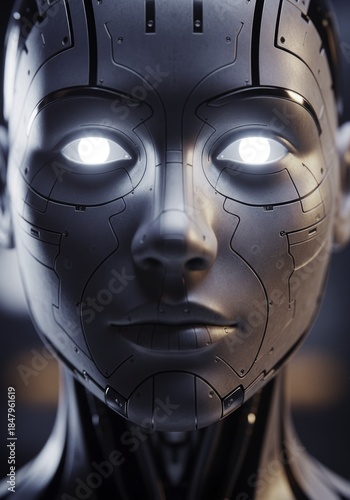 Close-up of a Futuristic Android Face with Luminous Eyes, Detailed Metallic Paneling, and Sci-Fi Aesthetics