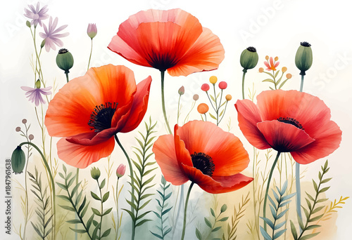 Red poppies bloom beautifully in a garden, surrounded by delicate green leaves and colorful wildflowers, capturing the essence of nature in full bloom during a sunny afternoon.