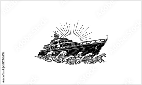 Coastal Silhouette: A luxury vessel sails through waves, a symbol of freedom and opulence, set against the backdrop of a radiant sun, illustrating a sense of adventure and the allure of the open sea.