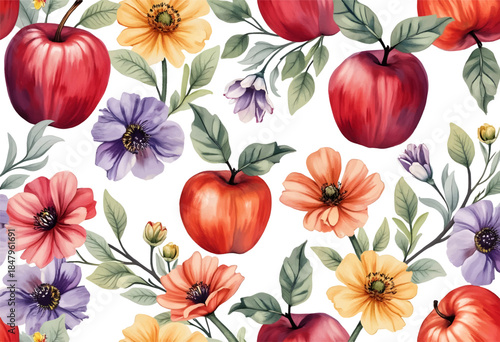 This beautiful pattern showcases a variety of colorful flowers and bright red apples arranged harmoniously on a white background, perfect for decorative purposes.