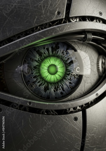 Intricate Bionic Eye with Glowing Green Iris and Scratched Metallic Casing - A Vision of Advanced Cybernetic Technology