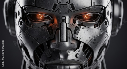 Menacing Robot Face Close-up with Glowing Red Eyes and Industrial Metallic Design, High-Tech Sci-Fi Imagery