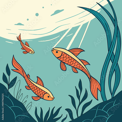 Orange koi fish swimming underwater with aquatic plants
