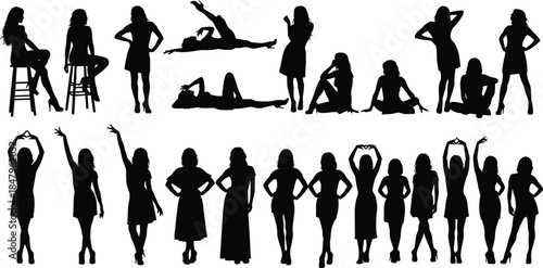 Woman silhouette illustration set, expressive and relaxed poses, fashion and gesture styles, black vector artwork, white background
