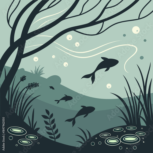 Underwater scene with fish and plants aquatic sea creatures