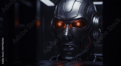 Futuristic metallic robot head with glowing red eyes, depicting advanced AI or android technology in a dark, ominous sci-fi setting.