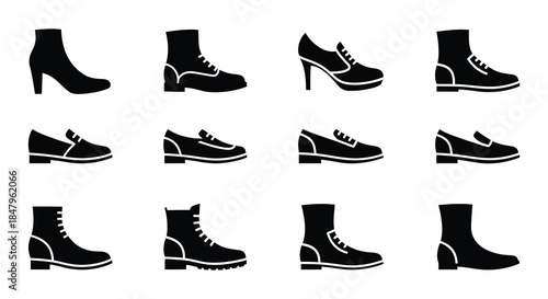 A collection of various footwear silhouettes in a minimalist black and white style