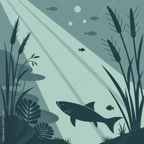 Underwater scene with fish and aquatic plants seaweed