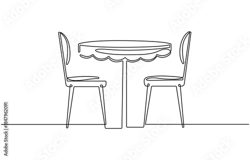 Continuous one line drawing of Table with office chairs.