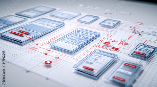 Transparent interface mockups with red accents on blueprint interface design wireframe