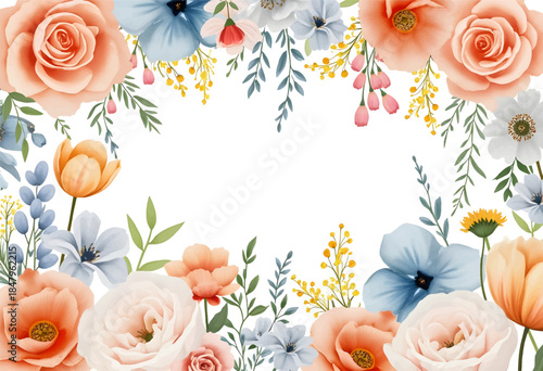 A vibrant assortment of roses and other flowers creates a beautiful border, showcasing delicate pastel colors and lush greenery perfect for decoration or invitations.