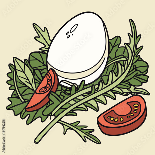 Egg on bed of arugula with tomato slices vegetable