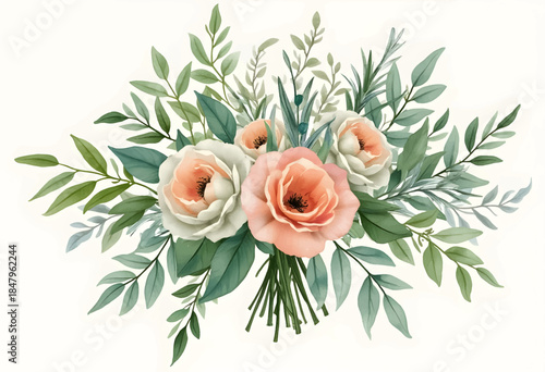 A stunning floral arrangement showcases delicate pink and white roses surrounded by vibrant green leaves, perfect for enhancing any setting or project.