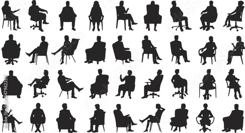 Diverse Silhouettes of People Sitting in Various Poses on Chairs Keywords: silhouette, sitting, person, man, woman, chair, office