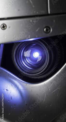 Futuristic Mechanical Lens with Intense Blue Light, Set in Scratched Metallic Casing, Evoking Robotics and Advanced Technology.