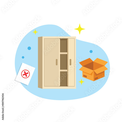 Digital Clean Up Concept flat design vector illustration showing an empty filing cabinet and box ideal for empty state ui.