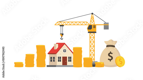Construction of a new house is financially supported by stacks of money and a money bag, symbolizing investment and growth.