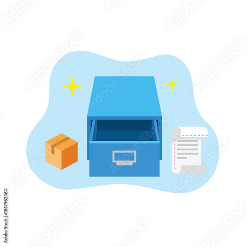 Empty filing cabinet drawer with receipt and box illustration flat design vector empty state ui for business document management.