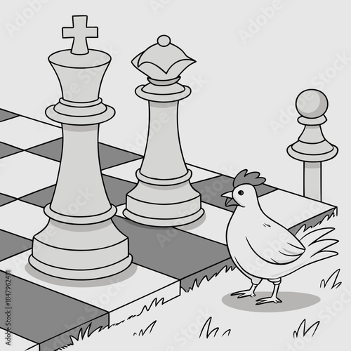 Chicken standing on chessboard near pawns and pieces