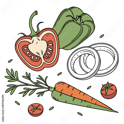 Colorful cartoon vegetables including carrot onion tomato and bell pepper
