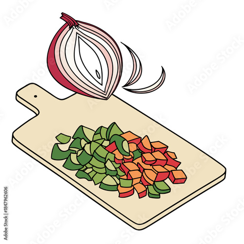 Chopped vegetables on cutting board with onion kitchen
