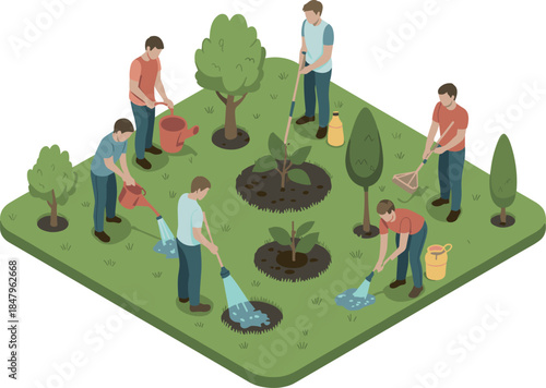 People planting trees vector illustration — community gardening and environmental sustainability concept in isometric design