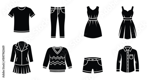 Laundry and clothing items a simple black and white icon set illustration