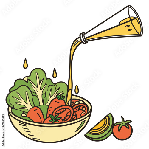 Cartoon salad with dressing being poured bowl vegetables