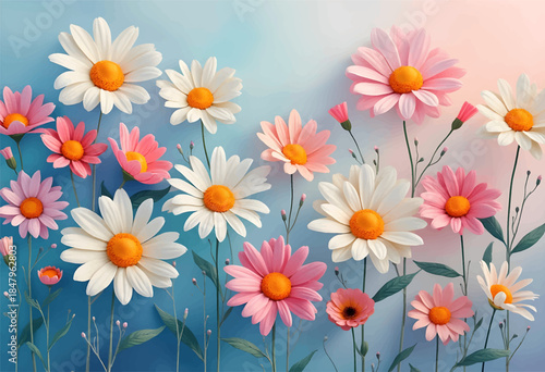 Various flowers in shades of pink and white are blooming against a gentle gradient background, capturing the essence of spring and natures beauty.