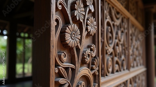 Wallpaper Mural Artisanal Craftsmanship: A texture-focused photograph of Minangkabau wood carving, showcasing depth, age, and cultural history. Torontodigital.ca