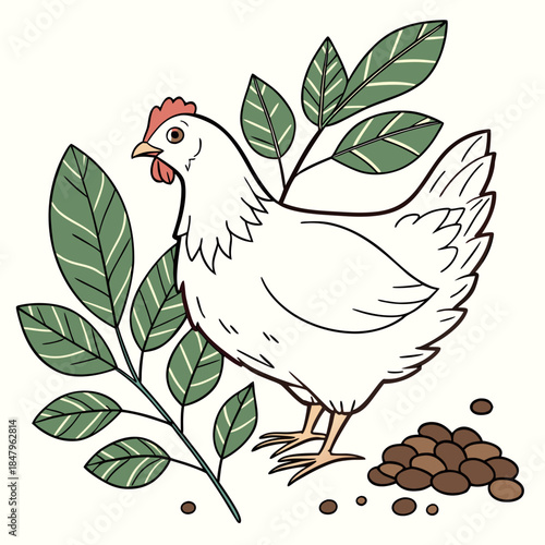 White chicken standing next to green leaves and brown pellets