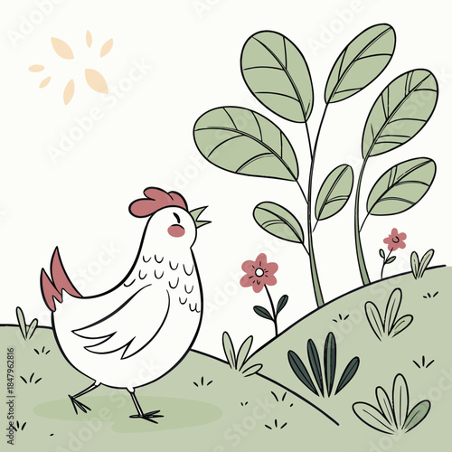 White chicken standing on green hill with plants and flowers