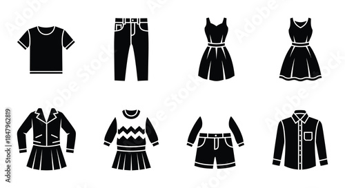 Black silhouette icons depicting various articles of modern clothing items