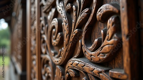 Wallpaper Mural Tropical Shadow Play: A soft-lit, detailed view of traditional Indonesian wood carving, emphasizing 3D motifs and realistic texture. Torontodigital.ca