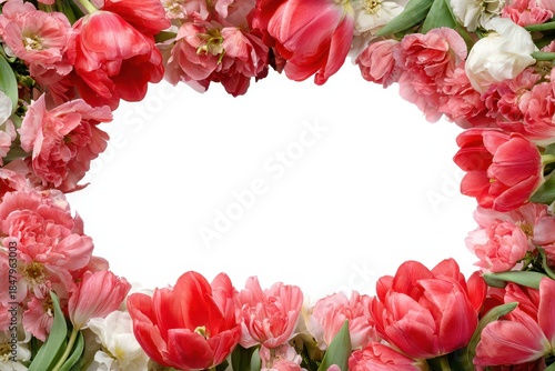 Vibrant Floral Border of Red Tulips and Pink Roses on a Crisp White Background