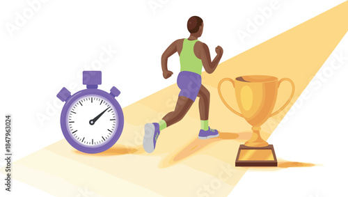 Runner with Stopwatch and Trophy Vector Illustration Isolated on White Background