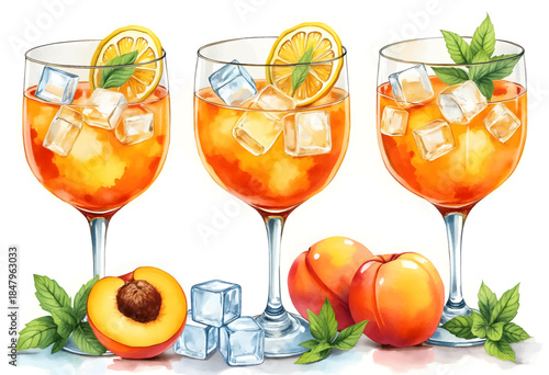 Brightly colored cocktails filled with ice, garnished with lemon slices and mint leaves. Juicy peaches sit nearby, enhancing the fresh summer vibe. Perfect for warm days.