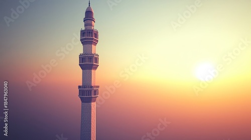 Mosque minaret soars against a vivid sunset sky
