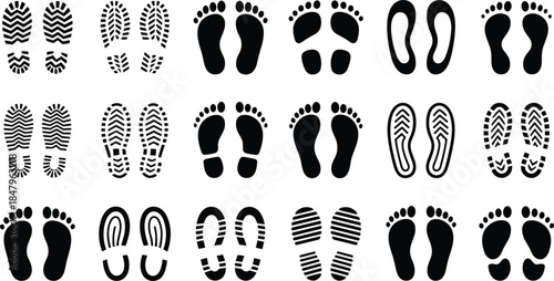 Footprint and Shoe Print Icons Set Black White Different Tread Patterns footstep sole